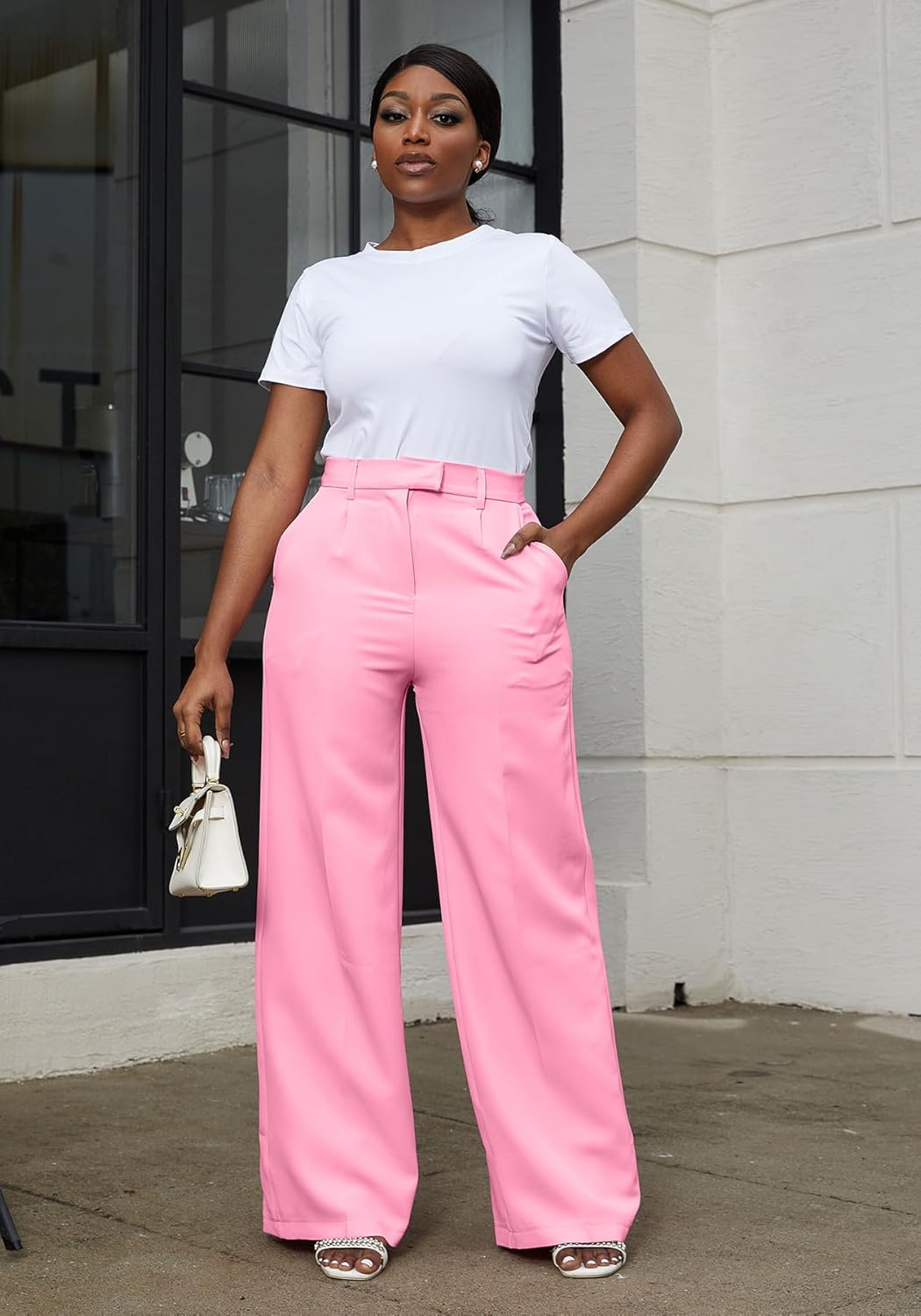 LKOUS Women's High Waisted Straight Wide Leg Dress Pants Stretchy Work Trousers with Pockets Business Casual - Image 3