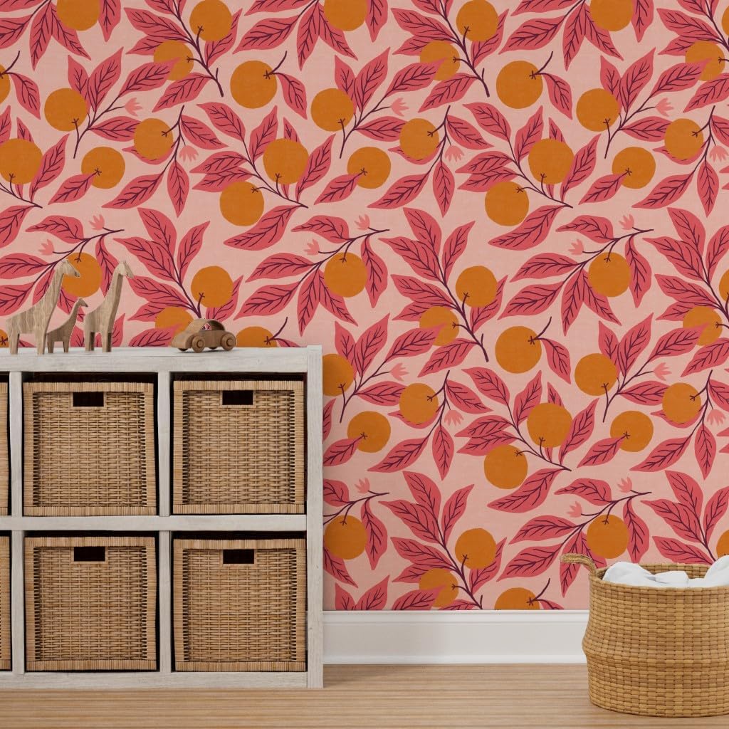 Peel & Stick Wallpaper 12ft x 2ft - Oranges Fruit Pink Citrus Bohemian Orchard Boho Summer Feminine Custom Removable Wallpaper by Spoonflower