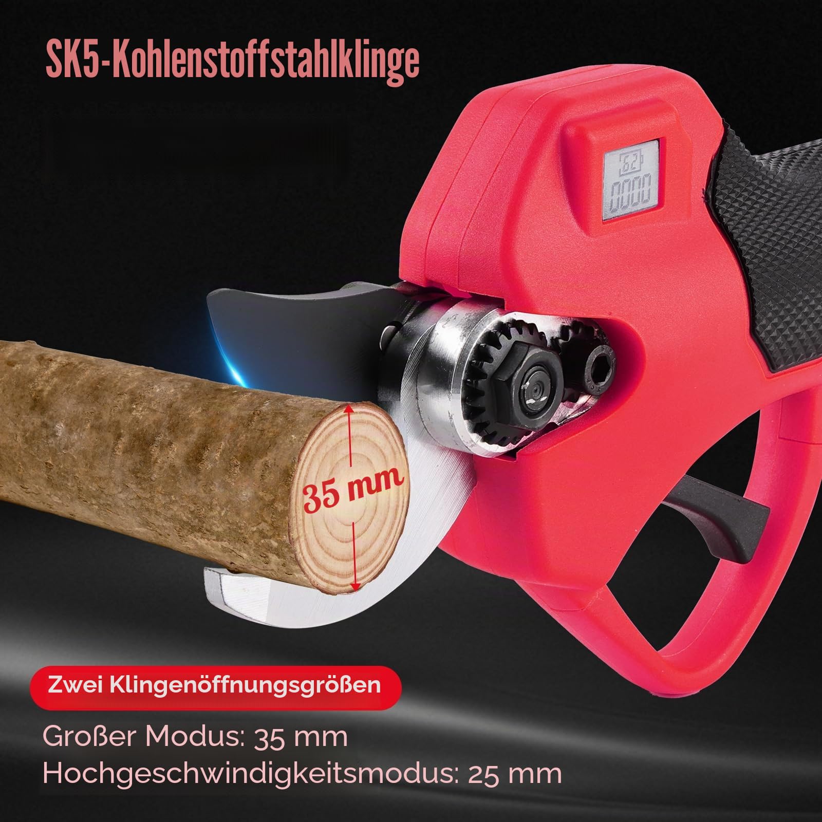 Akku-Gartenschere mit 2 x 2000 mAh Bateria | Bürstenloser Motor, LCD‑Ladestand, Leicht, Rutschfester Griff, – für Obstgarten, Weinberg, Hecken