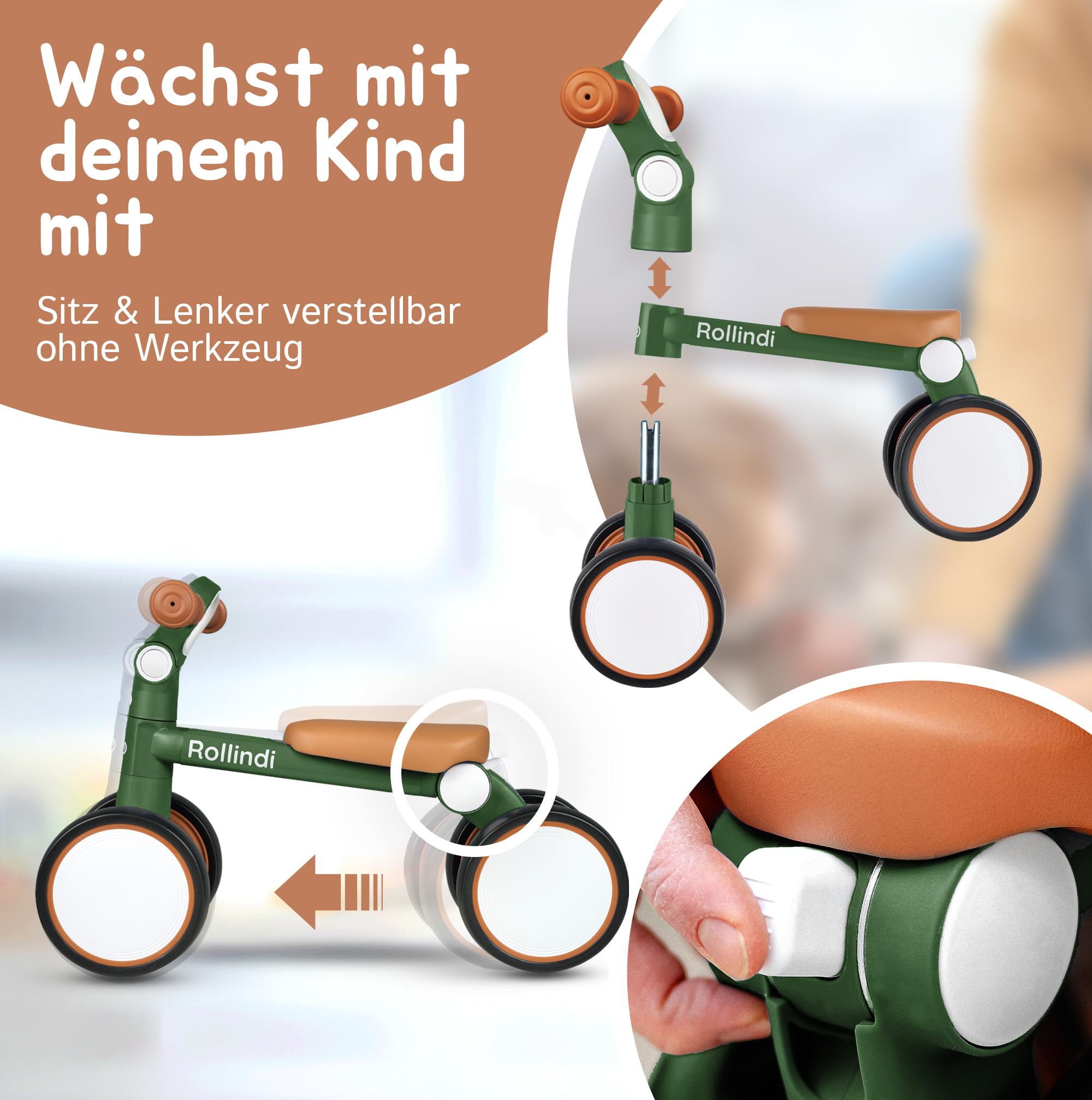 Walk – Sicheres erstes Laufrad ab 1 Jahr, Ultraleicht & kippsicher, leise Räder für drinnen & draußen, mitwachsendes Lauflernrad Baby 12–36 Monate, Geschenk zum 1. Geburtstag, Grün