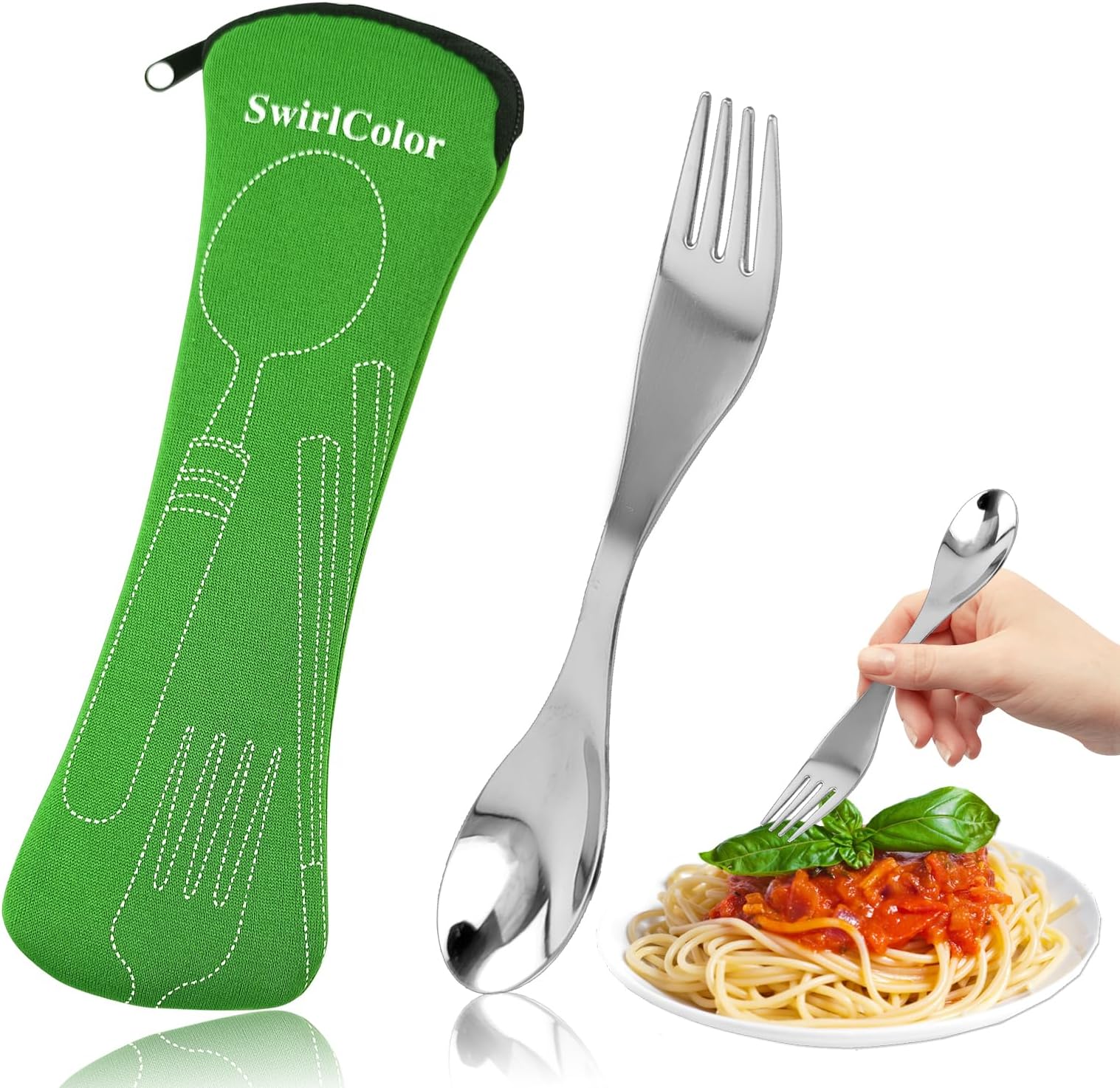 Spork Camping Cutlery, Reuseable Sporks Stainless Steel Portable Camping Spork with Cutlery Bag for Picnic Travel Outdoor (Green)