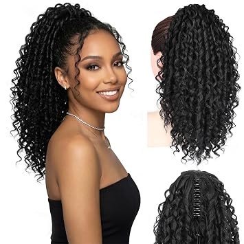 16 Inch Black Pony Tails Hair Extensions - Soft Spring Curls Hair Extensions Ponytail, Claw Clip Ponytail Extension, Natural Clip on Ponytails For Women, Synthetic Clip in Ponytail Color Black