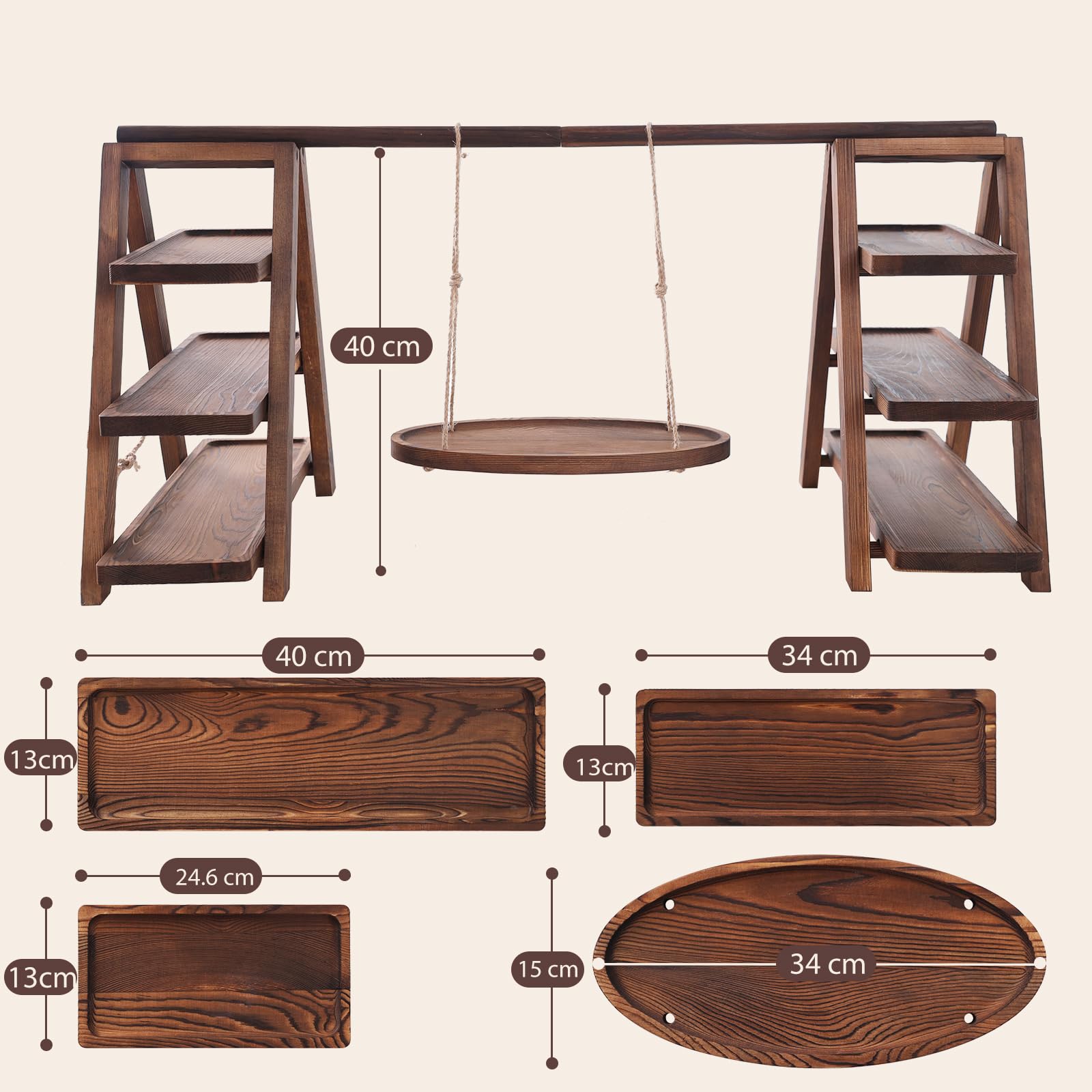 Étagère à Cupcakes et Desserts en Bois à 3 Étages avec Cadre | Oscillant Pin Fini Torch Rustique, Plateaux Large de 13cm, Assemblé à l'Avance avec Pads Anti-Dérapants, Support pour Gât
