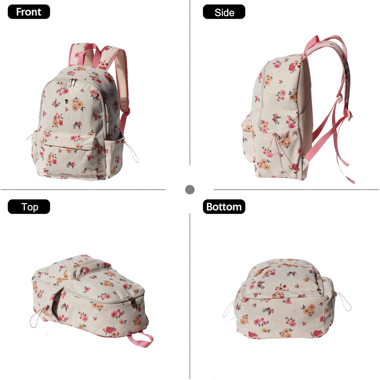 ESVAN Corduroy Backpack Lightweight Fashion 17 inch Laptop Bag for Women Casual College (Corduroy Beige Flower)