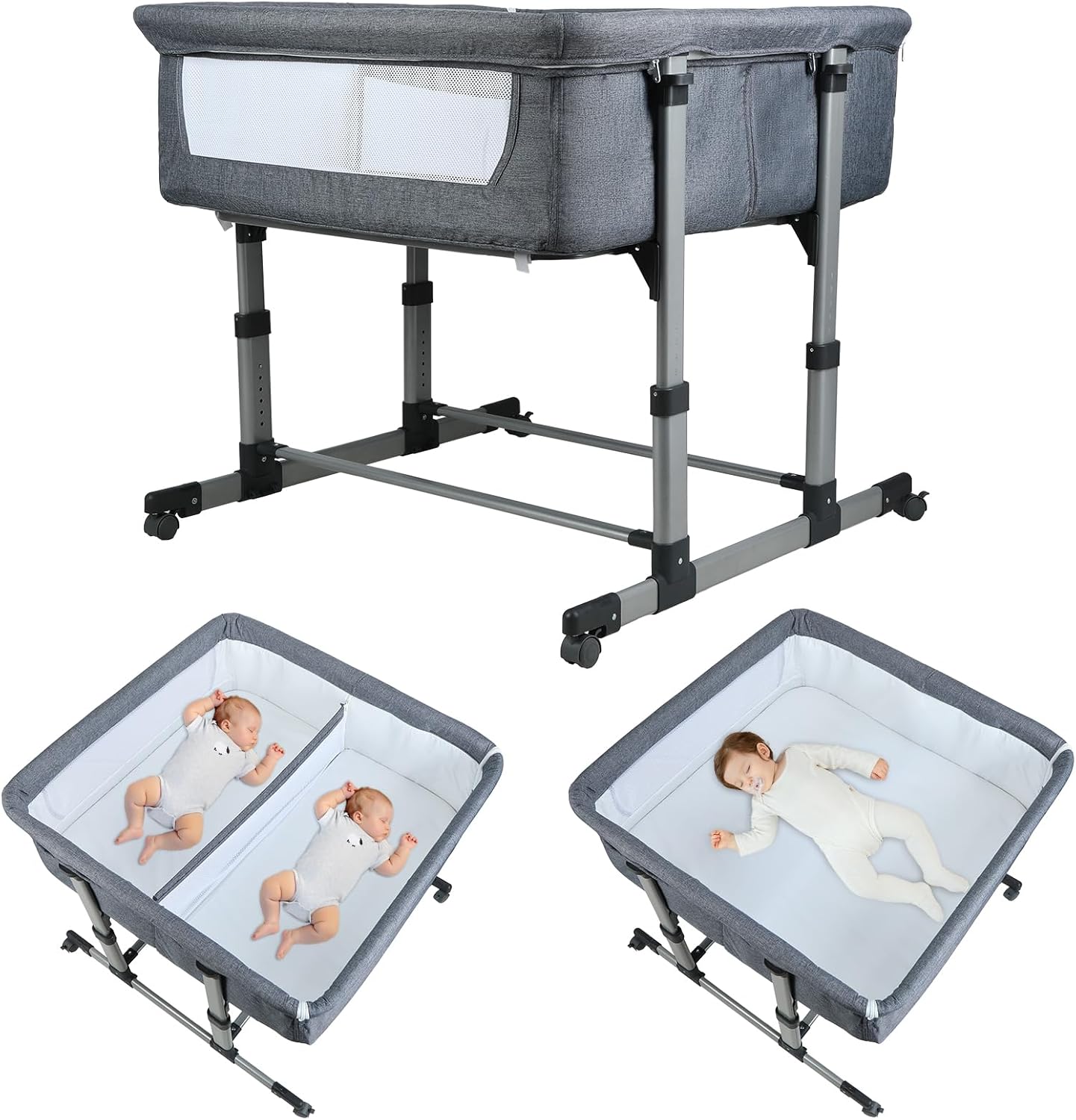 Baby Bassinet, Twin Bassinet with 6 Height Adjustable, Baby Delight Bassinet with Wheels and Mattress, Portable Twins Crib,Double Bedside Crib Attaches to Bed with Strap Holds up to 88lbs