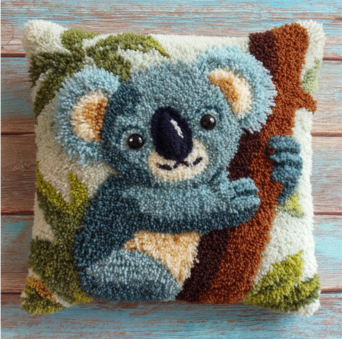 Kitquiver Animal Latch Hook Pillow Kit Koalas in The Tree DIY Latch Hook Kits Pillow Needlepoint Cushion Kit for Home Décor Needlework Set for Adult Beginners 17x17In