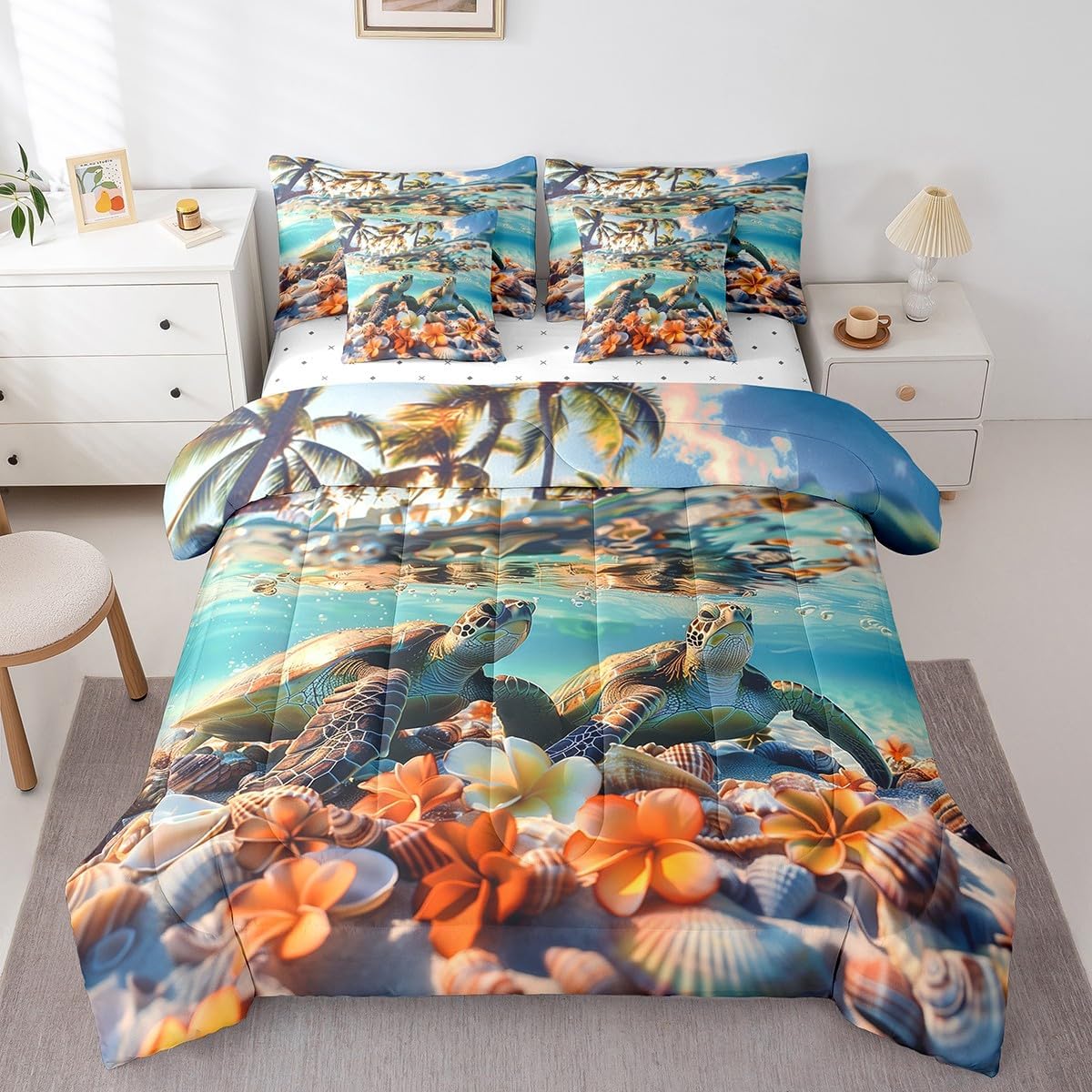 Sea Turtle Bed Set in a Bag 7 Pcs,Tropical Palm Trees Hibiscus Flowers Tortoise Bedding Set,Undersea Shell Marine Life Animal Comforter with Fitted,Flat Sheet,Pillowcase,Pillow Covers,Full