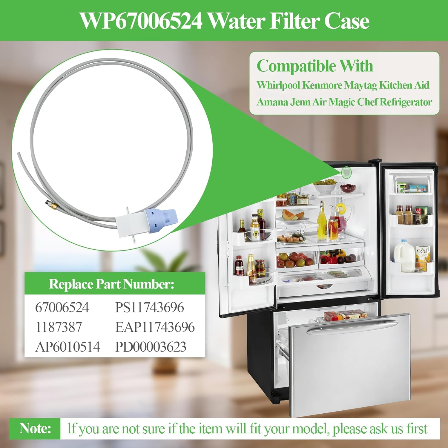 WP67006524 Filter Head & Tube Compatible with Whirlpool Refrigerator etc. OEM 67006524 Filter Head for GX5FHTXTT01 MSD2652KES KBFS25EVWH00 59676593600 JCD2295KEP ASD2625KEQ etc. -1 Year