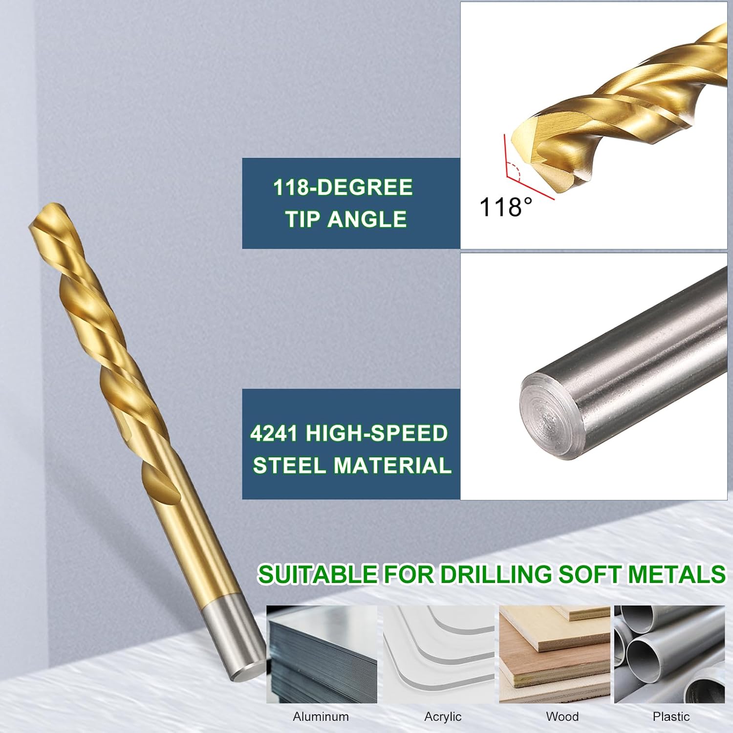 METALLIXITY Drill Bit (1/2") 6Pcs, 4241 High-Speed Steel Straight Shank Titanium Nitride (TiN) Coated 118° for Wood Plastic Iron Copper Aluminum Low Soft Metal