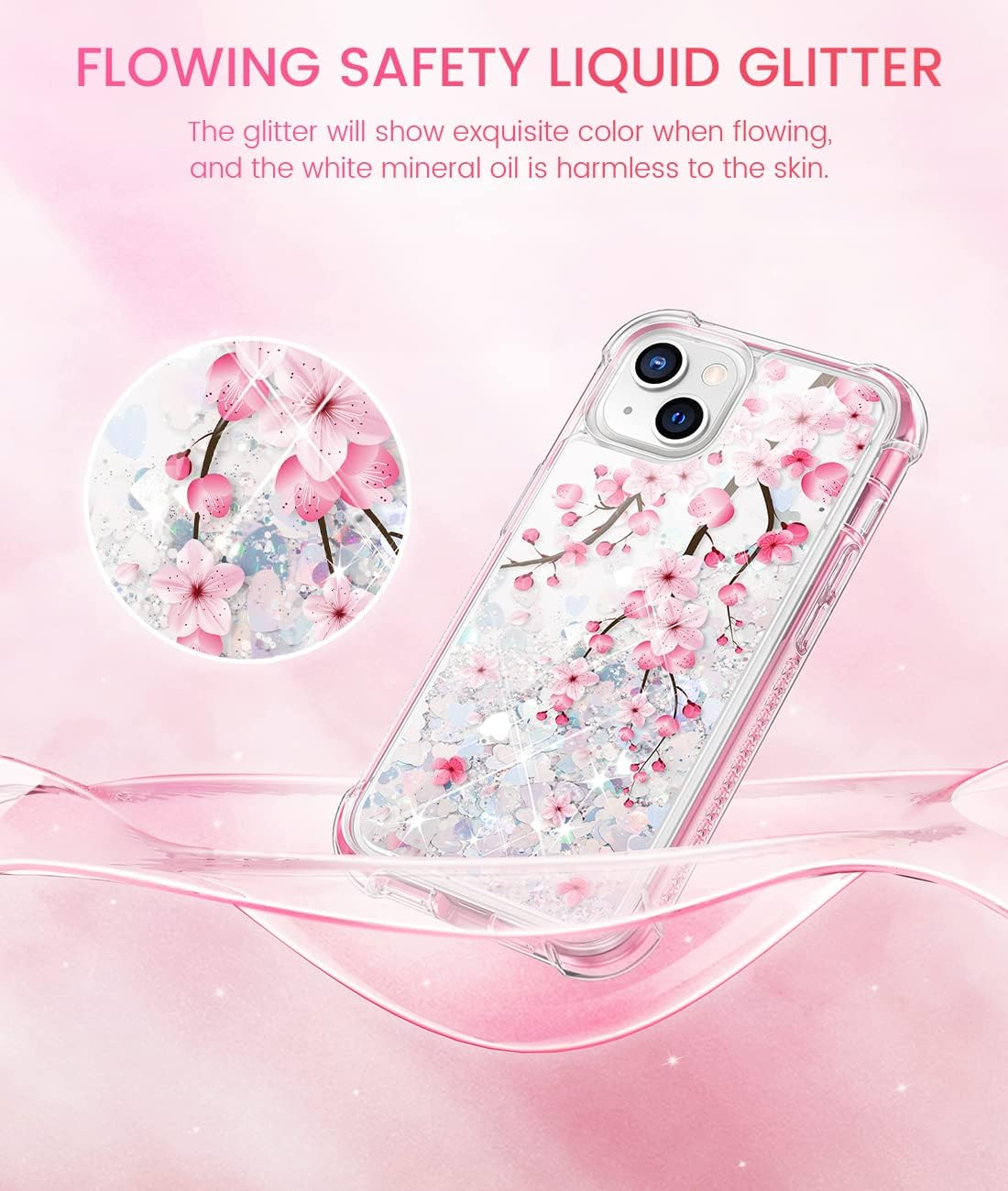Caka for iPhone 14 Plus Case, iPhone 14 Plus Glitter Case with Screen Protector Flower for Women Girls Liquid Sparkle Quicksand Shockproof Case for iPhone 6.7 inch, Cherry Blossom