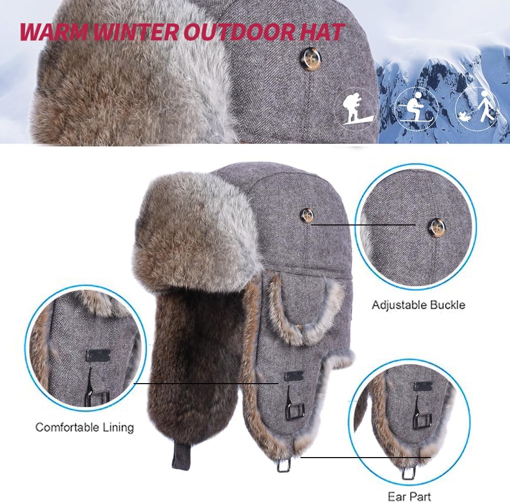 Fur Winter Trapper Hat,100% Rabbit Fur Aviator Ski Trapper Trooper Pilot Hat,Snow Eskimo Hat with Ear Flaps for Men & Women - Image 2