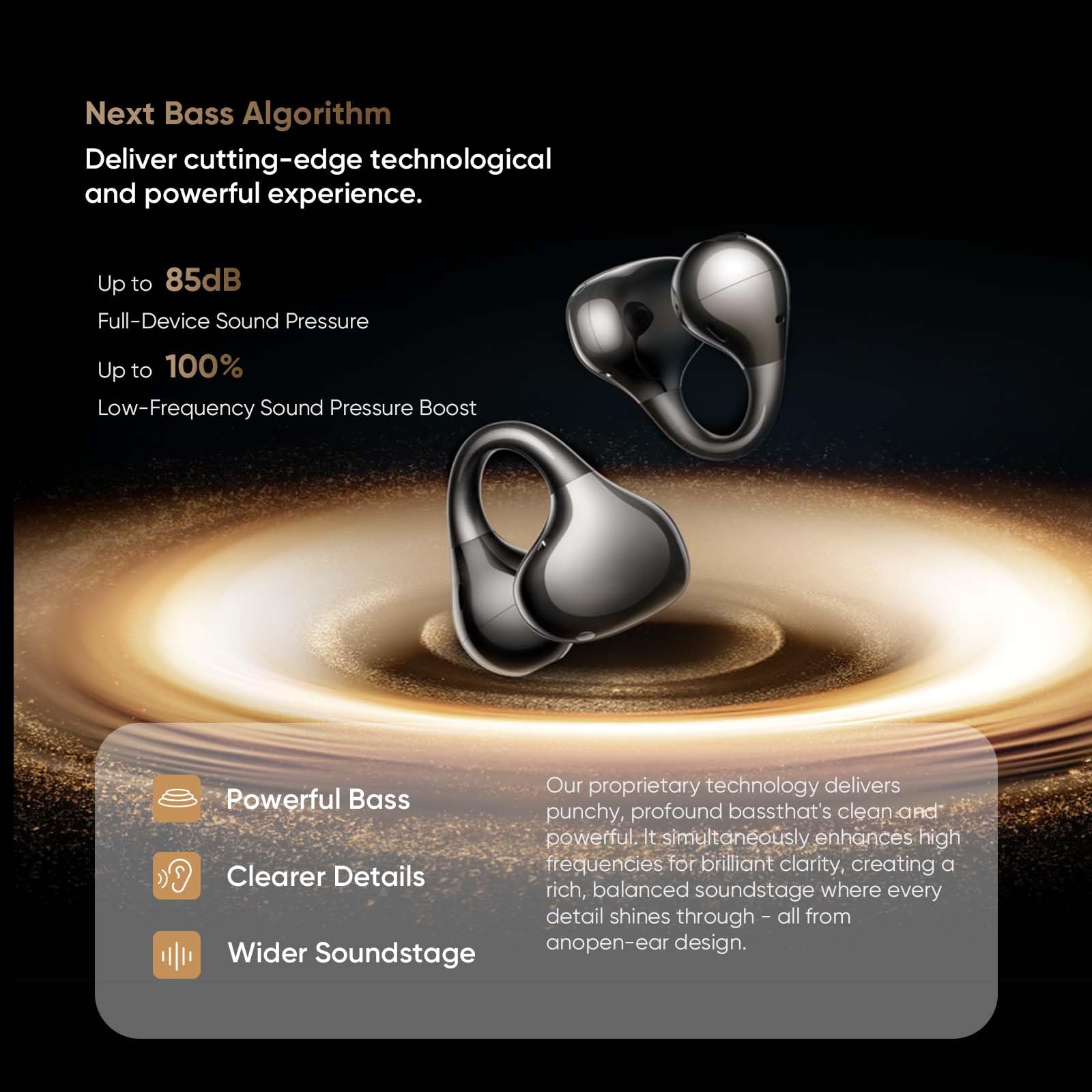 realme Buds Clip Auricolari Bluetooth, Cuffie Wireless Clip-on Aperte, Batteria 43h, Resistenza IPX55, 45ms Bassa Latenza, Audio Spaziale 3D, Traduttore IA, Algoritmo NextBass, Oro