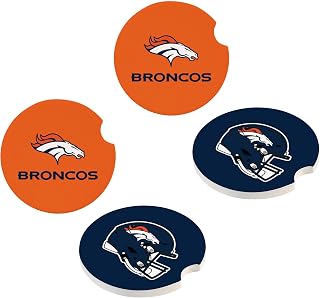 NFL Denver Broncos Car Coaster Sets, 4pcs (2-Pack of 2), Absorbent Ceramic Stone Cup Holder Inserts, Removable Drink Mats for Cars, SUVs, and Trucks, Football Auto Accessories