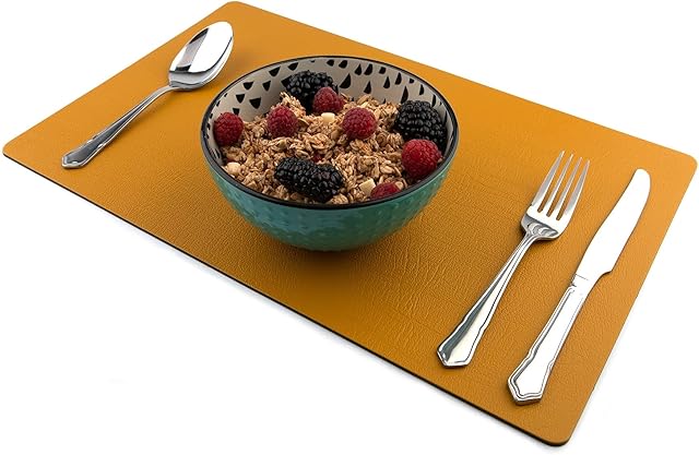 Sets of 8 Large Mustard Yellow Recycled Leather Placemats ( 42cm x 26.5cm ). Made In The UK By Lara-May.