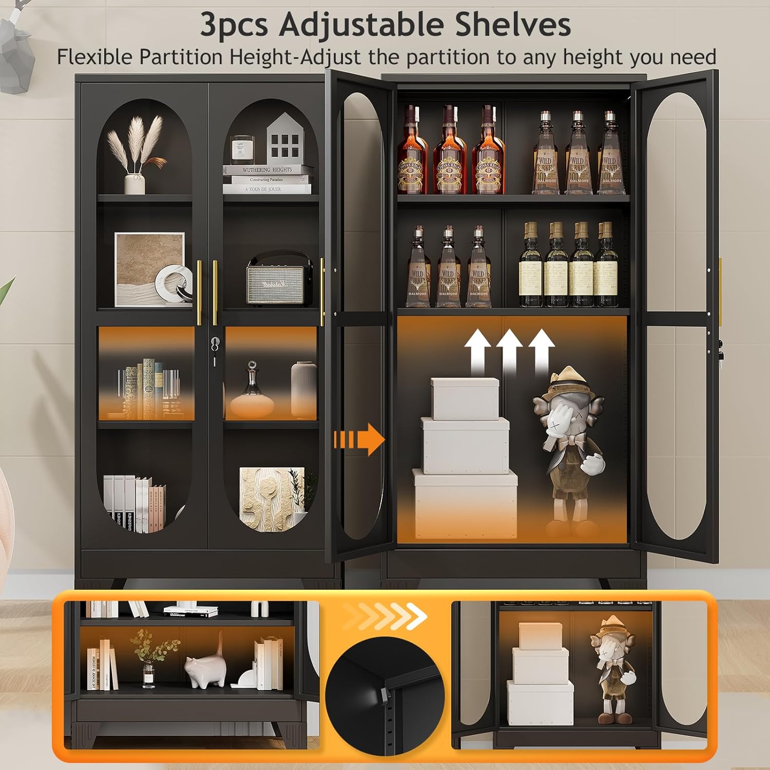 PAOFIN 61" H Locking Display Cabinet with Glass Door, Metal Cabinets with 3 Adjustable Shelves, Cabinet Display Case for Living Room, Collectibles, Clinic, Home - Assembly Required Black