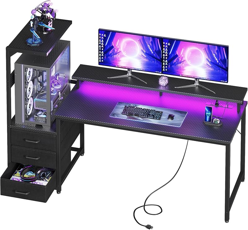 Gaming Desk w/PC Showcase Stand, 59" Reversible, RGB LED, Black | Elevated stand fits Lian Li O11, Hyte Y60. Triple drawers hide cables, controllers, clutter