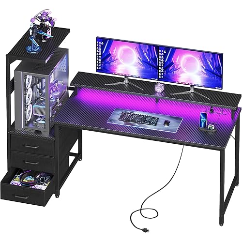 AODK 59 Inch Gaming Desk with LED Light- Reversible Computer Desk with Storage Shelves & Monitor Stand, Modern Gamer Desk Table with Fabric Drawers, Black