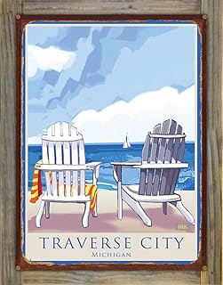 Traverse City Michigan Adirondack Chairs Water Rustic Metal Print on Reclaimed Barn Wood from Illustration by Artist Joanne Kollman 17" x 23"