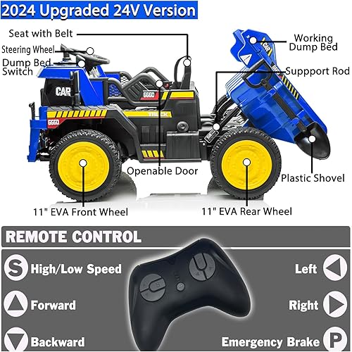 Miniatura 7 de NEWQIDA Camión volquete de 24 V, automóvil eléctrico para niños con control remoto, vehículos de construcción con cama volquete eléctrica, pala,