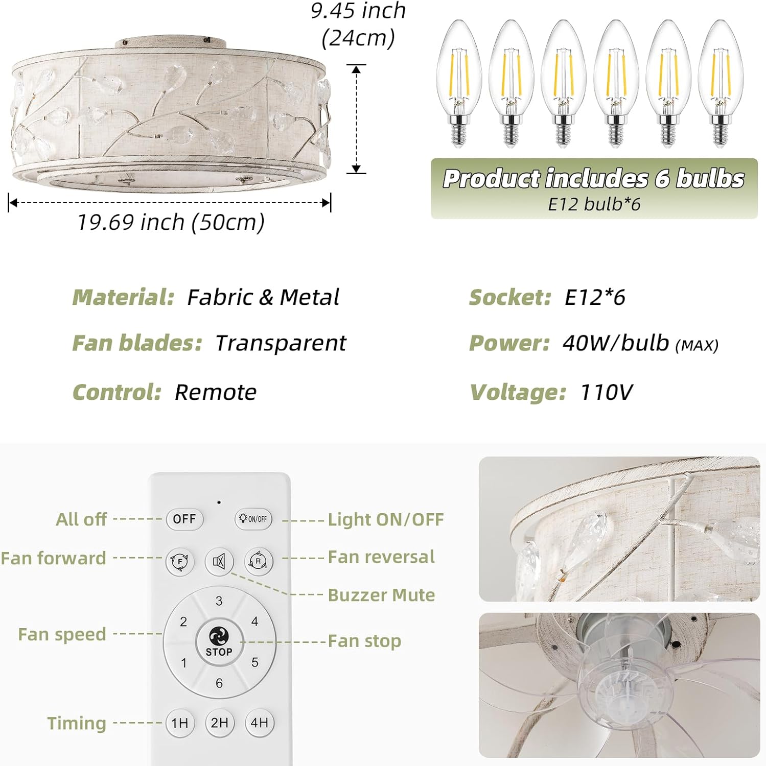 20" White Crystal Ceiling Fan with Light, Flush Mount Ceiling Fans with Lights Remote Control, Caged Enclosed with 6 Speeds for Bedroom, Living Room, Nursery