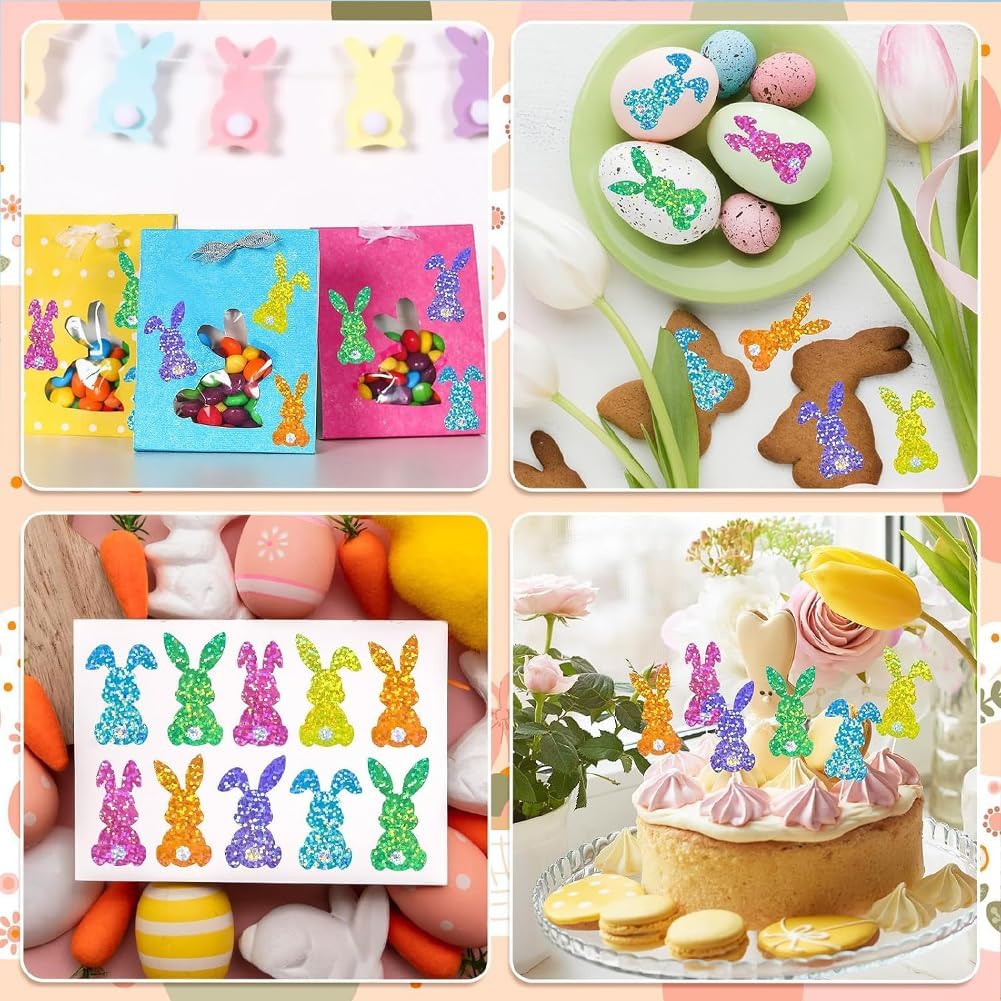 500 Pcs Easter Bunny Stickers 1.5 Inch Laser Glitter Erasers Sticker Roll 6 Colors Happy Easter Self-Adhesive Sticker for Scrapbook Journal Envelopes Gift Decorations Supplies