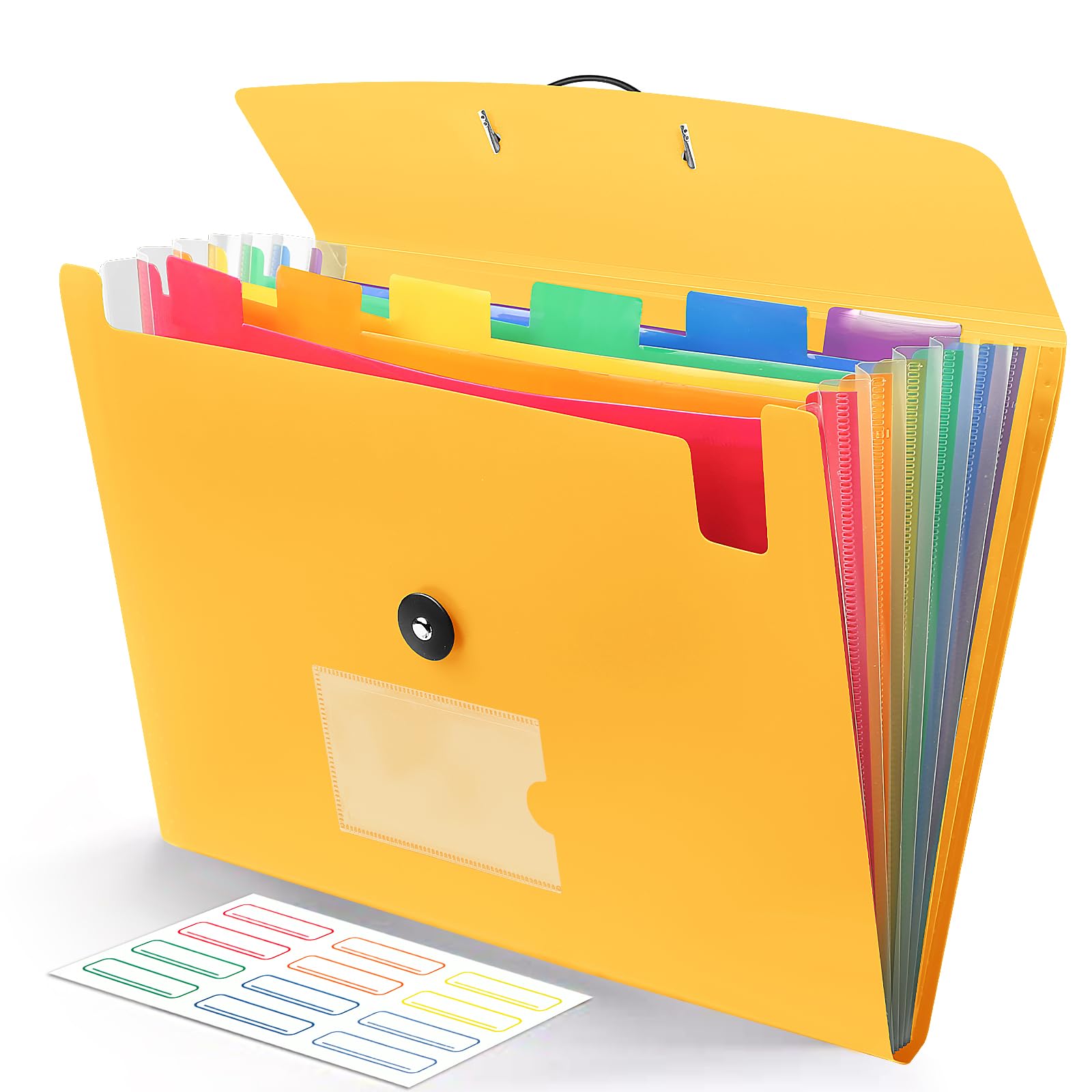 Fisarmonica - Cartella espandibile con 7 tasche, con etichette, in plastica, espandibile per documenti, formato A4, colore: Giallo