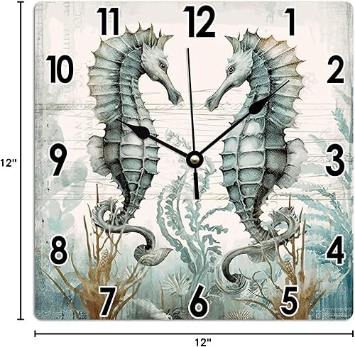 Miniatura 8 de Reloj de pared colgante de caballito de mar en acuarela costera vintage, océano, fondo marino, mundo, animales, PVC, reloj de pared de verano para