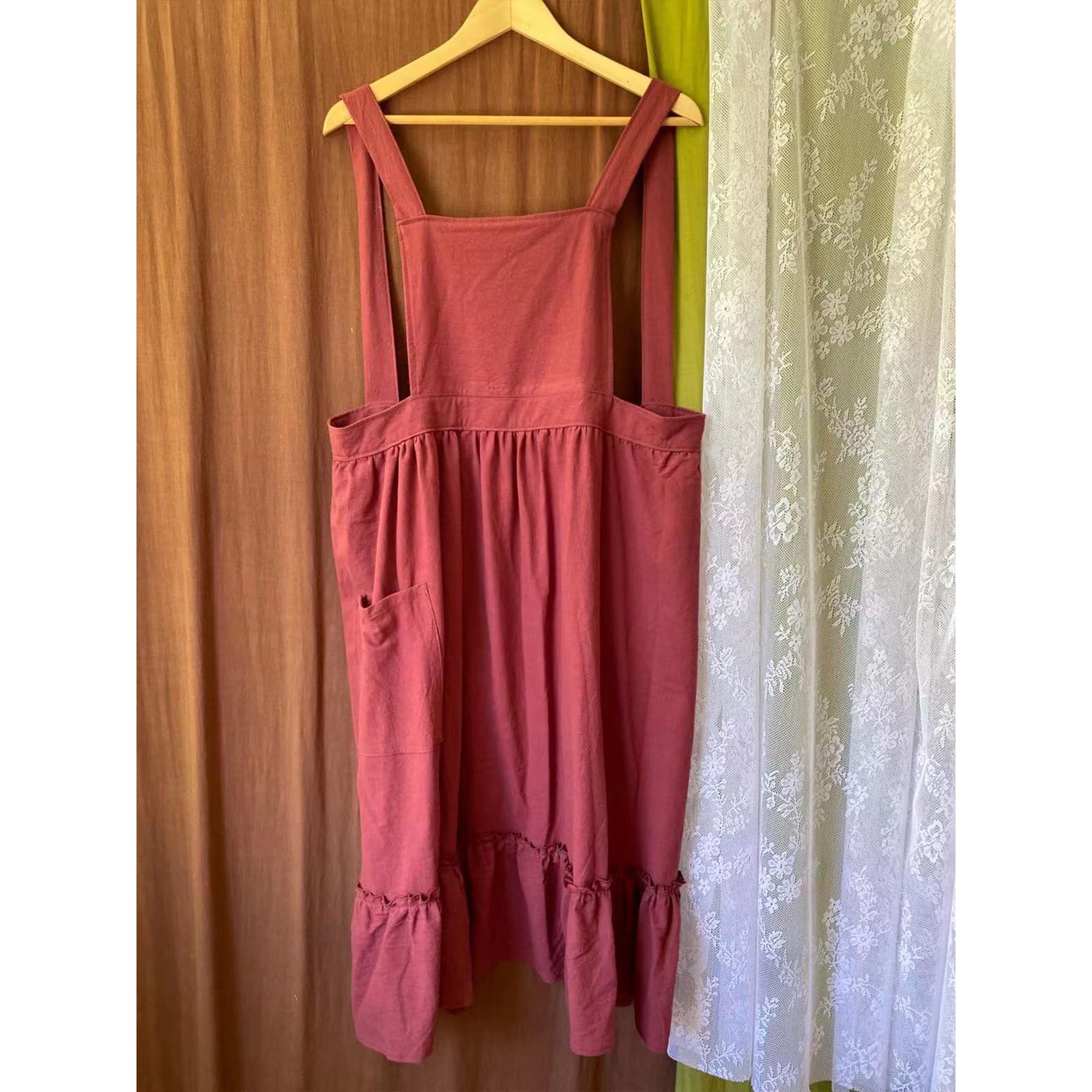 Grembiule in cotone e lino con volant per donne e ragazze, stile vintage, per cucinare, giardinaggio, lavoro, cameriera, grembiule con tasche