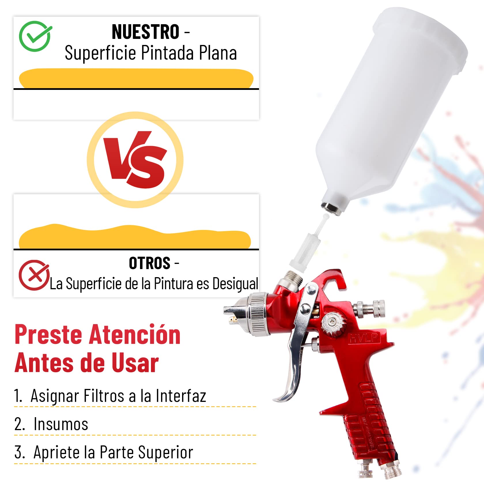 CarBole Pistola de Pintura HVLP con Taza 1000cc y 4 Boquillas