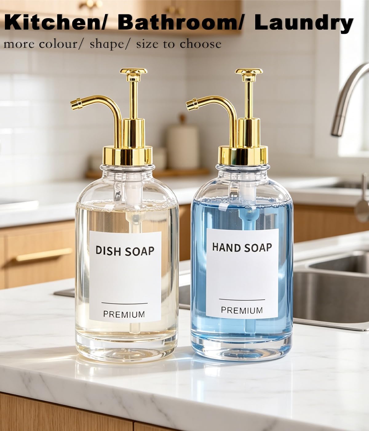 Dish Soap Dispenser for Kitchen, Hand Glass Soap Dispenser Set with Pump, Tray, Funnel for Bathroom, Shower, Laundry, Liquid, Lotion (Gold 2 Pack 18 Oz Clear Bottles with 12 Stickers)