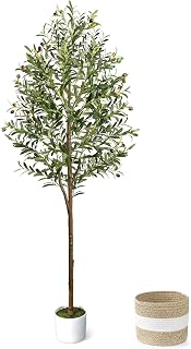 6FT Realistic Artificial Olive Tree with Planter & Woven Basket - Faux Silk Olive Plant for Living Room Office Home Decor