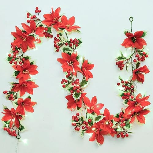 DearHouse Guirnalda de Navidad de bayas de 6 pies con bayas de pascua guirnalda de vegetación artificial de invierno y 30 luces LED para vacaciones