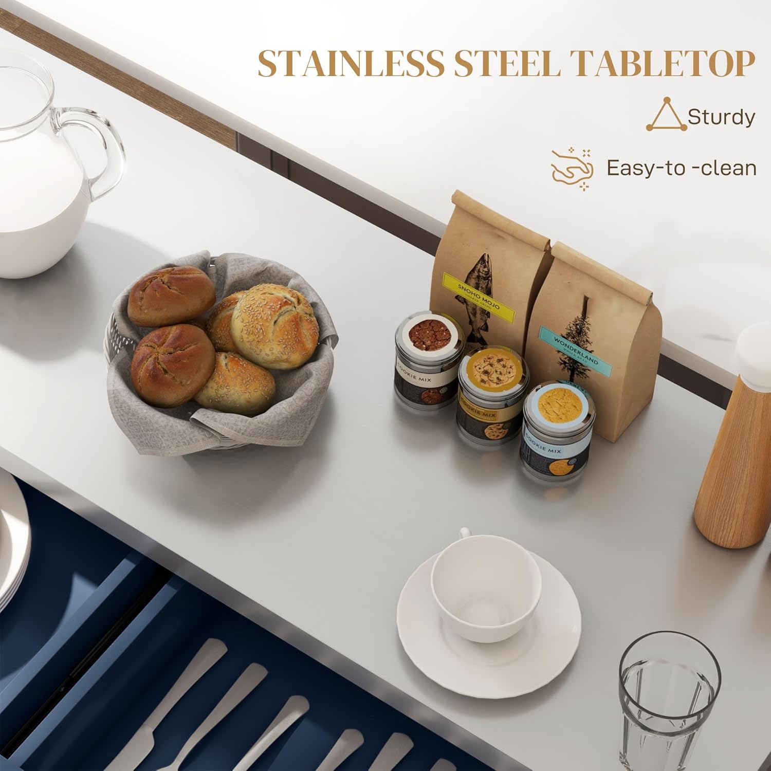 Close-up of the stainless steel tabletop with bread and spices