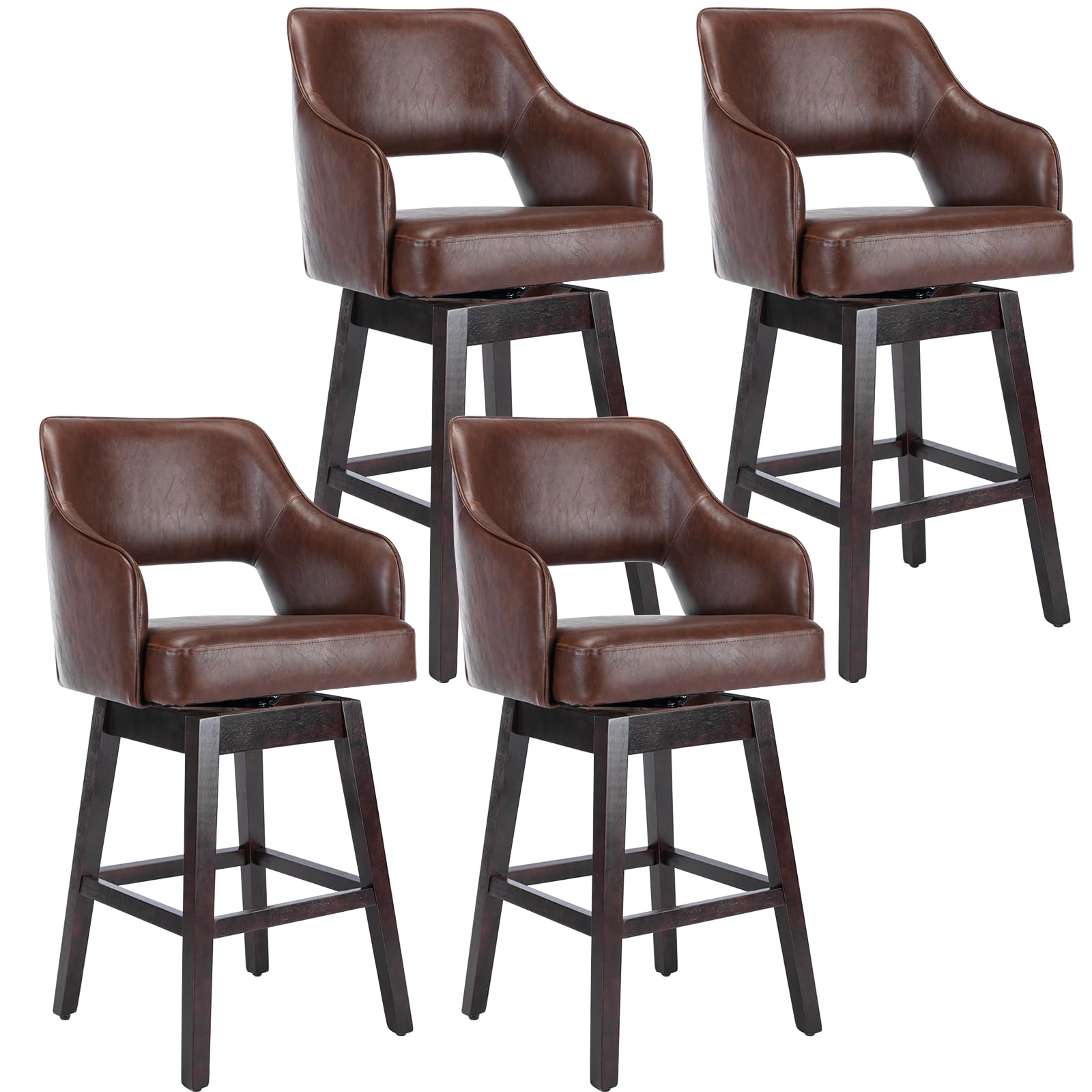 Janoray 27-Inch Counter Height Swivel Barstools Set of 4, PU Leather 5-Inch Upholstered Bar Chair with High Back and Solid Wood Bar Stools for Kitchen