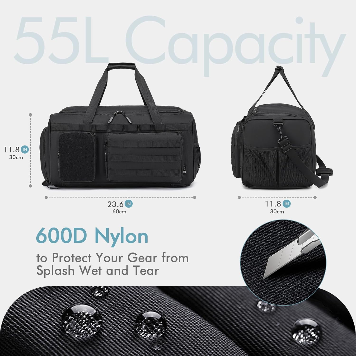 Tactical Gym Bag for Men 55L Sports Duffel Bags 3 in 1 Travel Duffel Bag with Shoe Compartment Waterproof Workout Backpack Carry On Bag for Overnight Weekender Travel Black - Image 3