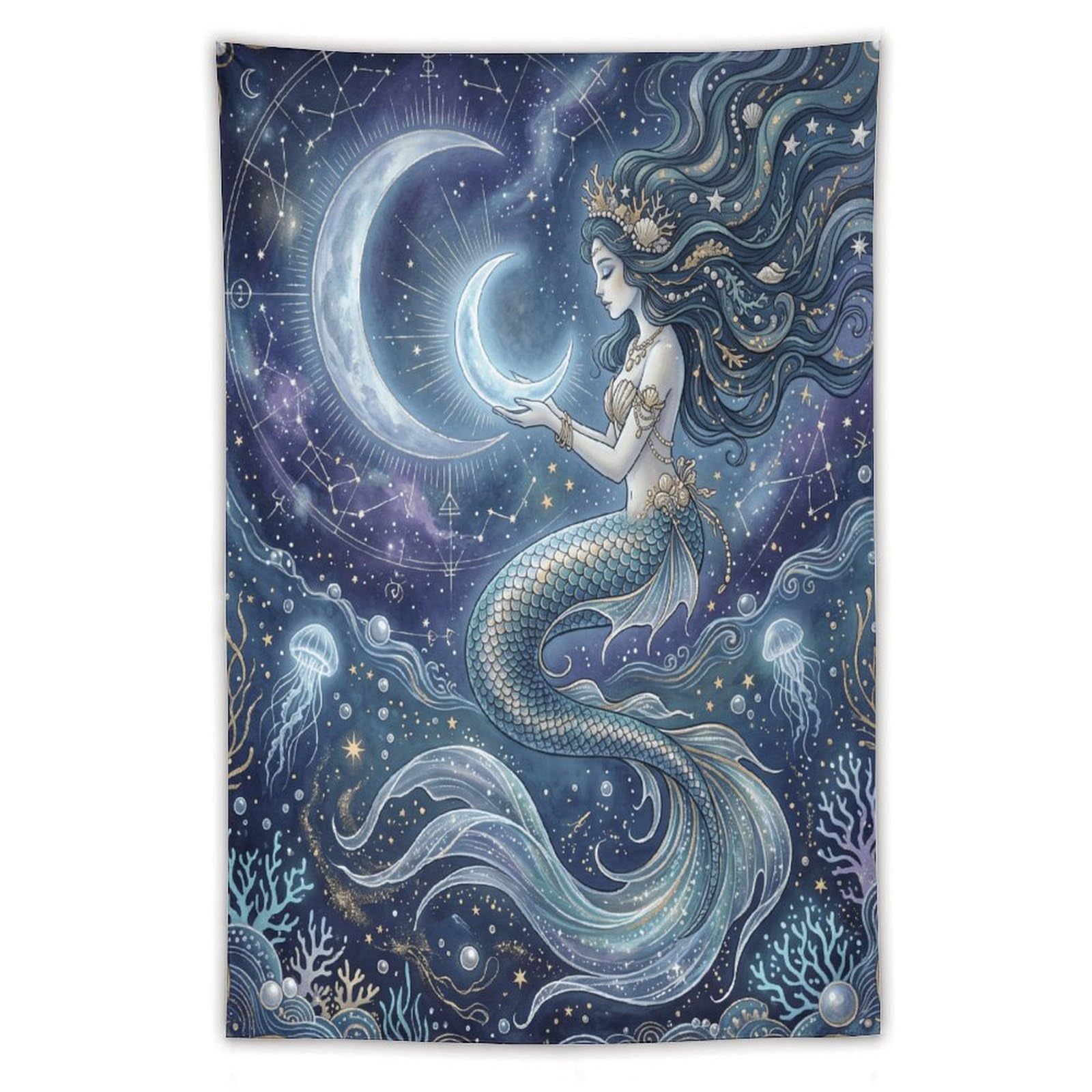 W7C8U2X3 Crescent Moon Mermaid Wall Tapestry, Surrealist, Starry Sea
