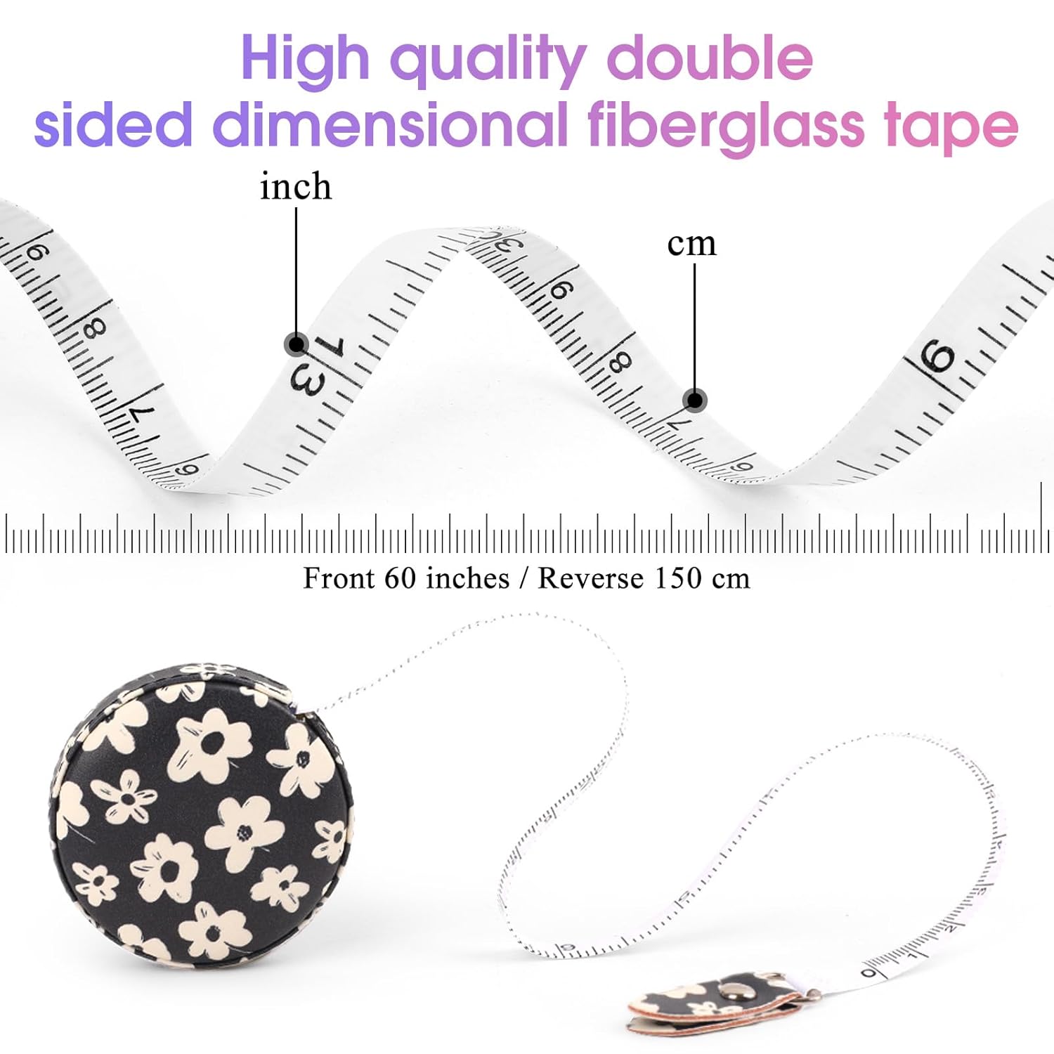 Retractable Mini Tape Measure, Auto-Retract, Premium Leather Tape Measure, Dual-Sided Ruler, Ideal for Fabric Cutting, Body Measurements, and Handicrafts (White Flowers)