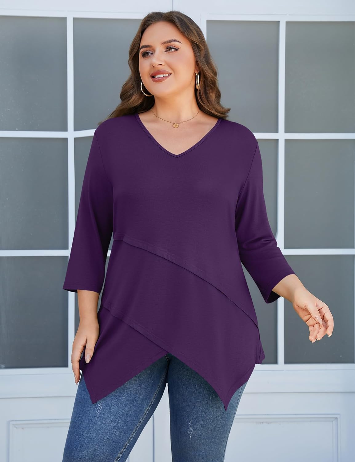 TFSDOD Plus Size Tops for Women 3/4 Sleeve Shirts V Neck T Shirt Spring Summer Blouses 1X-5X - Image 5