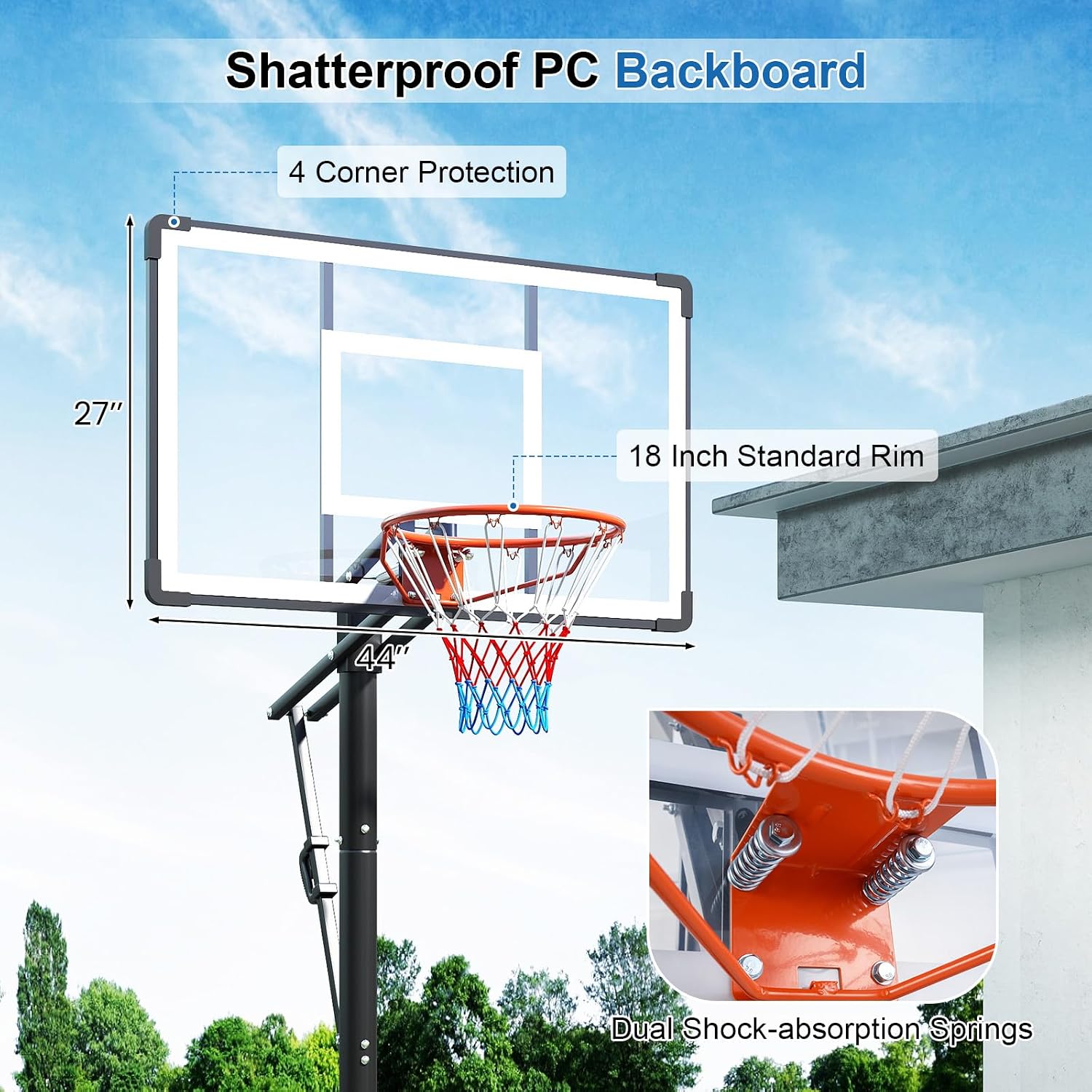 Close-up of the shatterproof PC backboard with corner protection and shock-absorbing springs