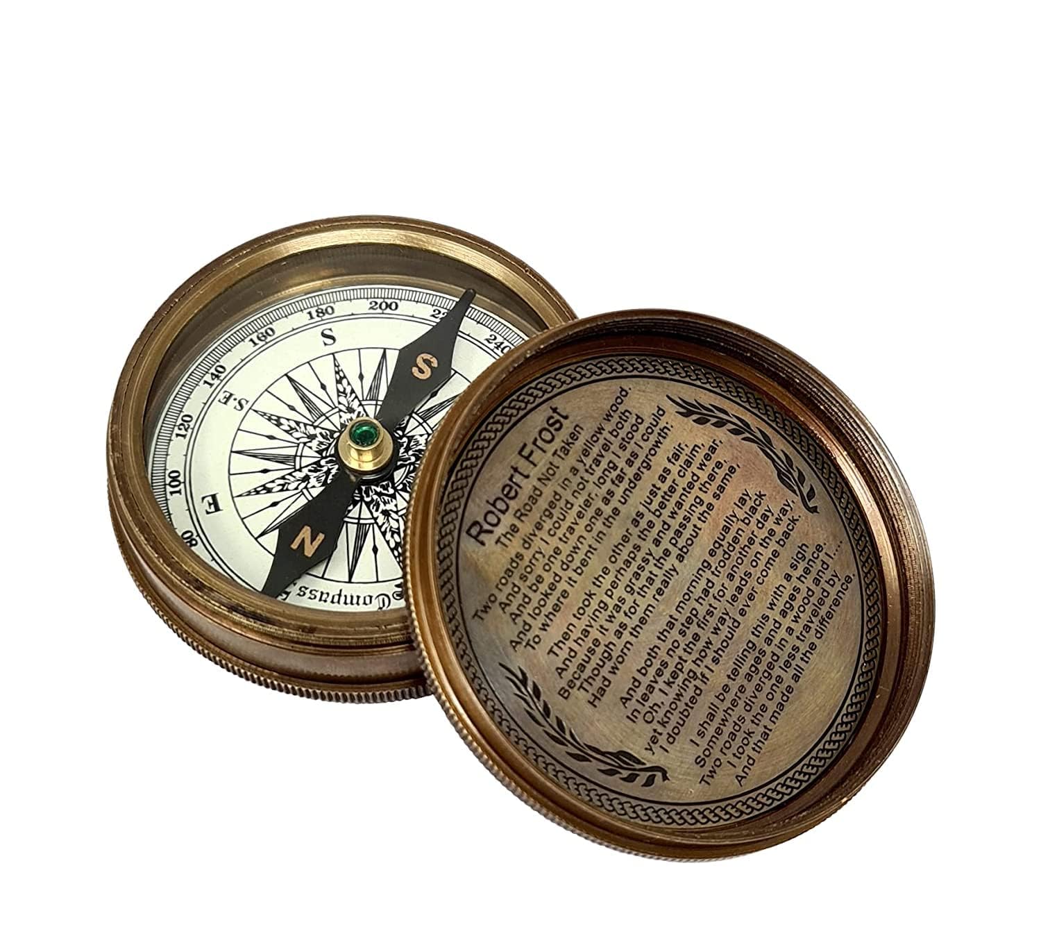 Bussola tascabile in ottone nautico Robert Frost Poesia ottone replica vintage finitura anticata bussola 5,1 cm