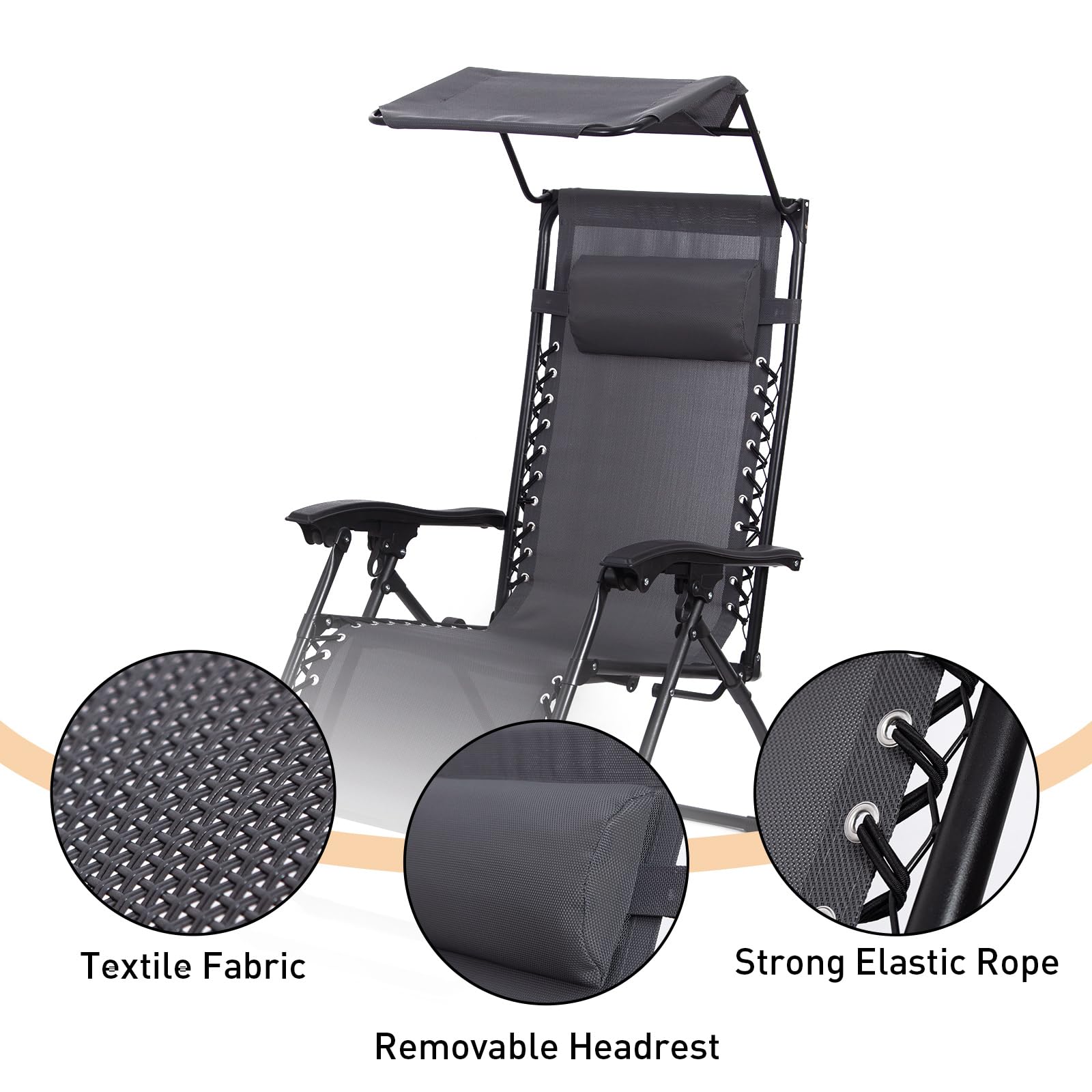 Todeco Tumbona Plegable Jardín con Toldo, Silla Gravedad Cero Reclinable con Respaldo Ajustable para Patio, Camping, Terraza y Piscina, Carga máxima 100kg, Gris
