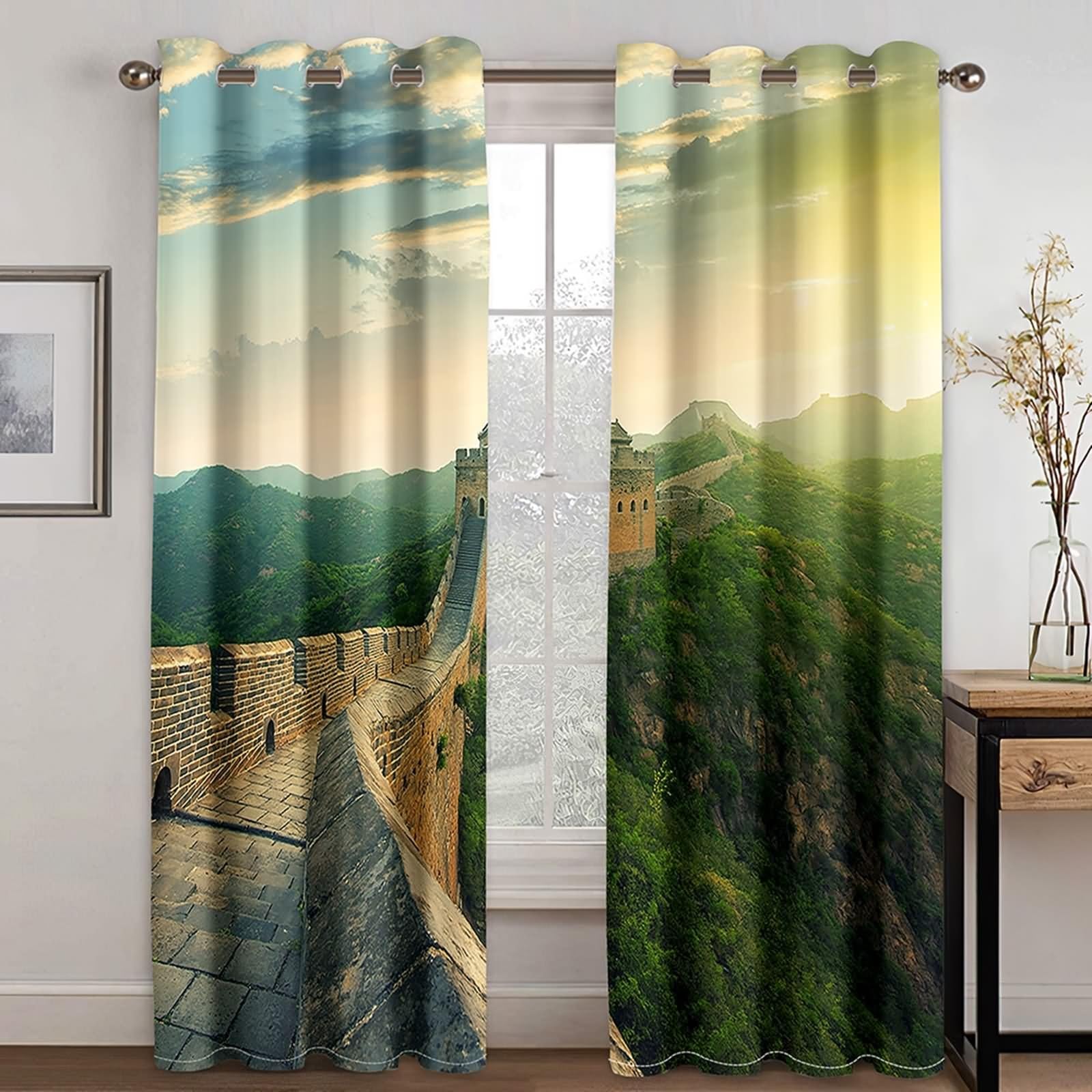 Zasłona okienna Sypialnia, Brązowe Zielone Zasłony zaciemniające Duży Mur Krajobraz Poliester 2 panele 264x214cm