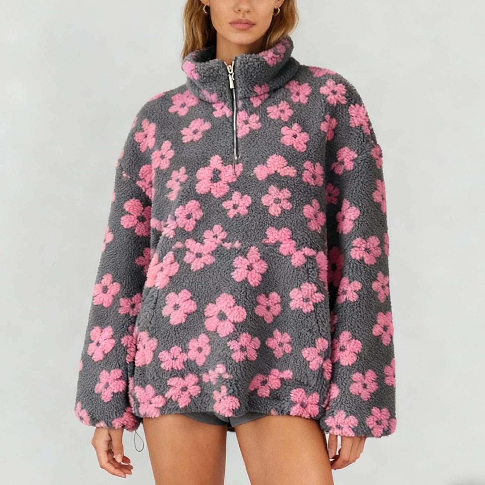 Fleece-Sweatshirt mit Rundhalsausschnitt Blumendruck, gemütlicher, Warmer Winterpullover, weicher, langärmeliger Freizeit-Loungewear für den kaltes Wetter, modische Oberbekleidung#M