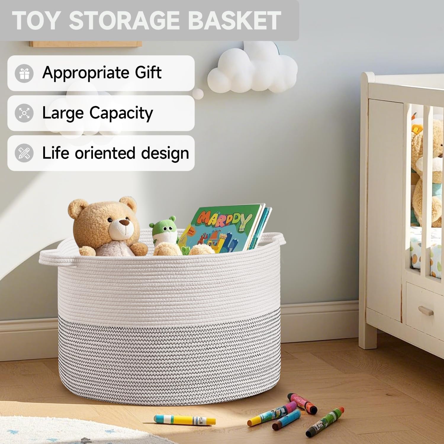 CLHMILY&Z Large Woven Storage Basket - 22x14.2 Inches - Modern Nursery Bin, Round Baby Toy Organizer, Soft Cotton Hamper for Home Decor, Multi-Purpose Home Tidy Solution