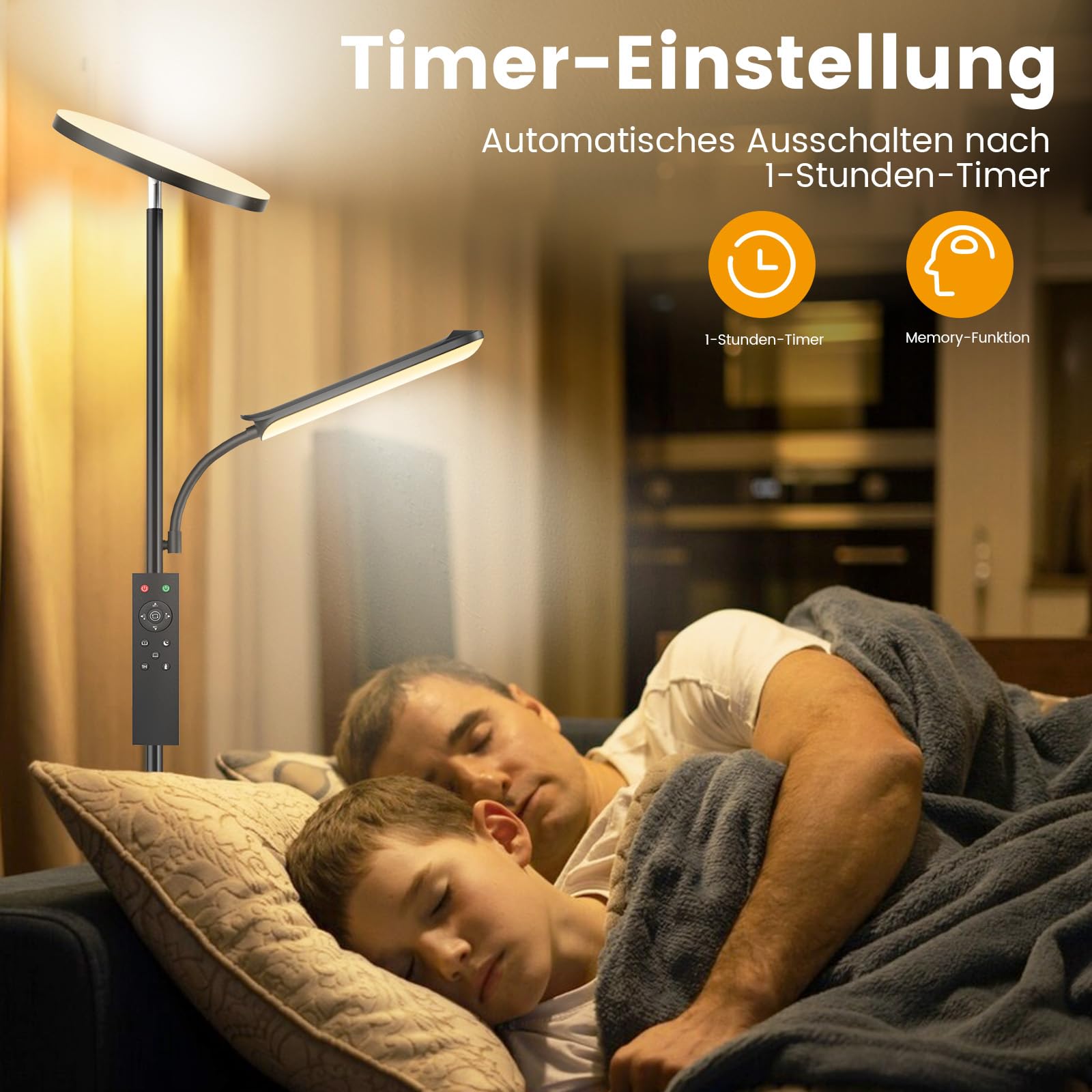 Stehlampe Wohnzimmer, 42W Deckenfluter mit Leselampe Dimmbar, 4200LM Stehlampe mit 2700K-6500K Farbtemperatu, Moderne Standleuchte mit Fernbedienung & Touch-Steuerung für Wohnzimmer Schlafzimmer