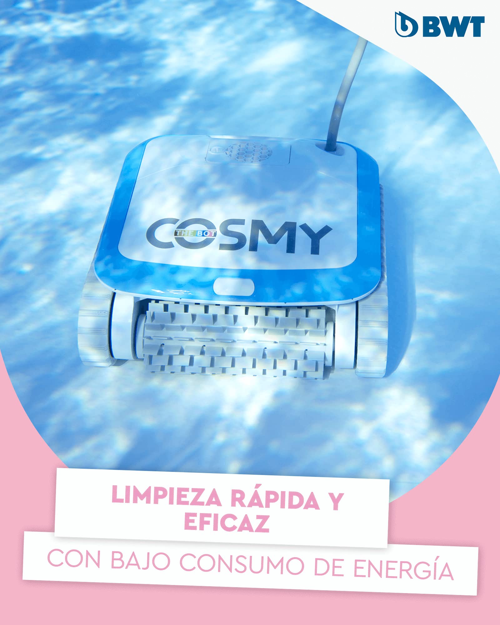 BWT Poolrobot Cosmy 200 en Color Azul | Especialmente Ligero y Compacto | Limpieza fiable de Suelo, Paredes y línea de flotación | para Piscinas de Todas Las Formas | con Control por App