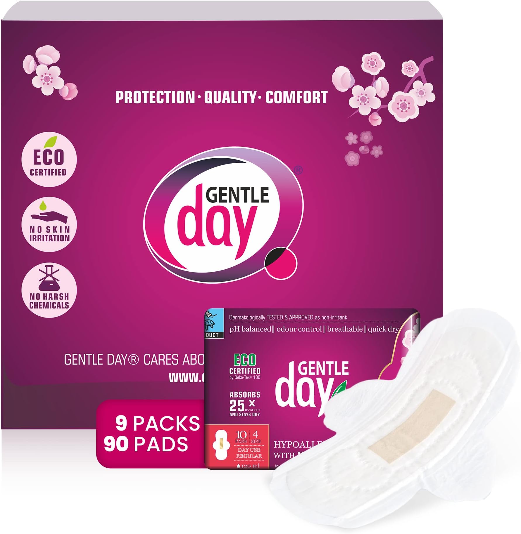 Patented Gentle Day® Far-IR Anion ECO Certified Day use Towels, Pads 9 Packs (90 Pads) Length 240mm
