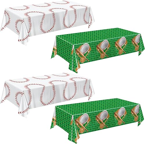 Oigco Decoraciones para fiestas de béisbol, paquete de 4, manteles de plástico desechables para juegos y fiestas de cumpleaños, 54 x 108 pulgadas
