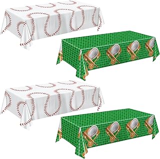 Oigco Baseball Party Decorations 4-Pack Baseball Tablecloth Disposable Plastic Table Cover for Games Birthday Party, 54 x 108 Inch