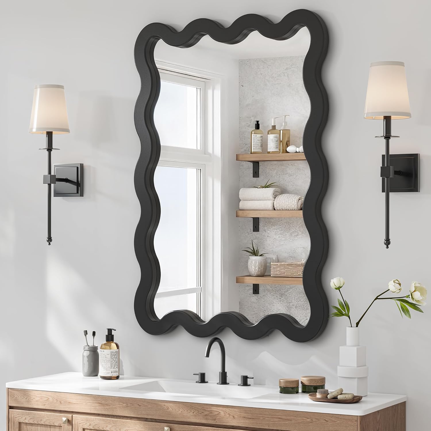 24"x36" Matte Black Wavy Wall Mirror for Bathroom Vanity, Large Solid Wood Asymmetrical Mirror, Irregular Squiggle Mirror for Bedroom, Modern Funky Aesthetic Decor